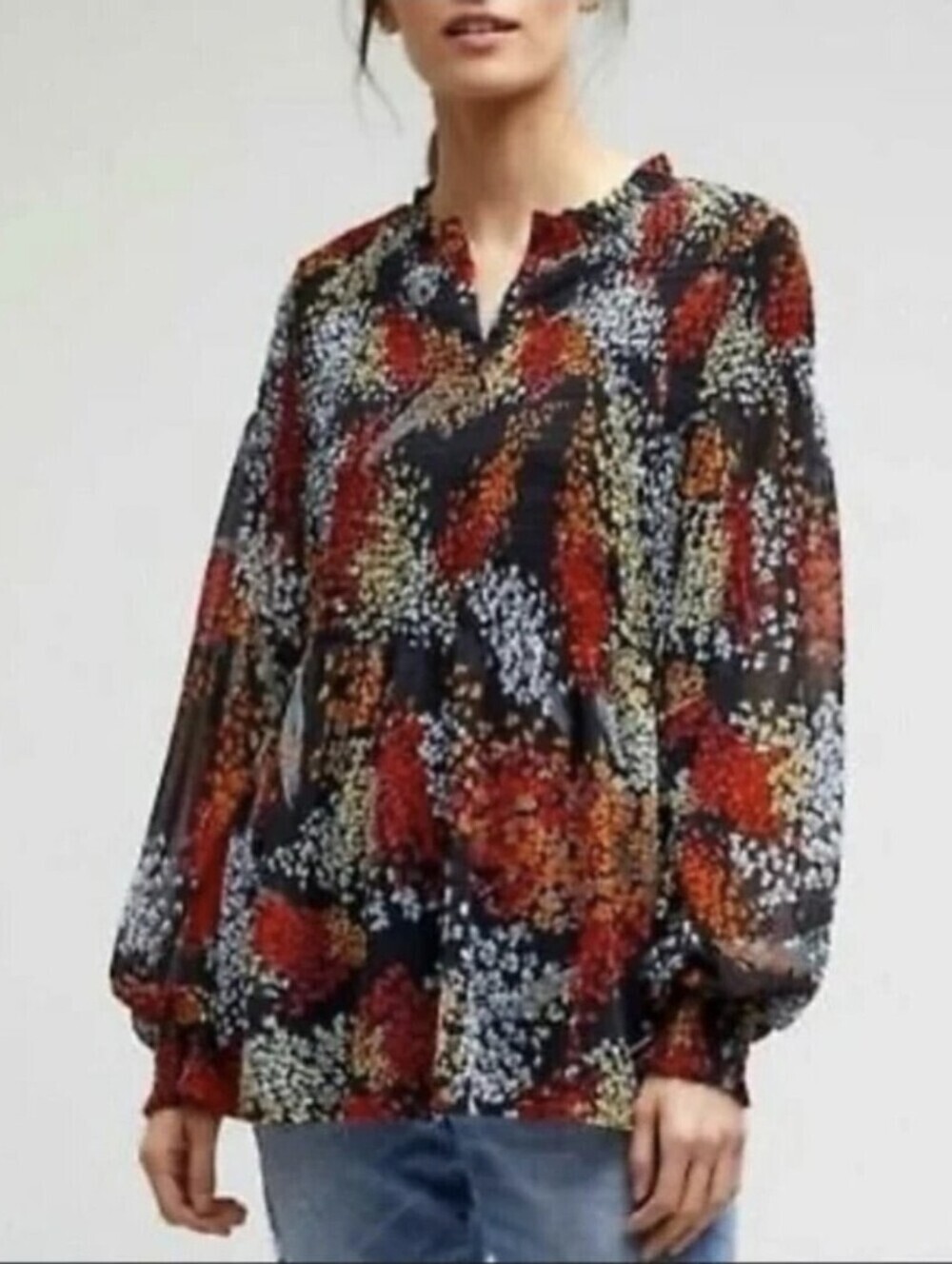 Anthropologie Akemi Kin Adria Smocked Blouse M Floral Mesh Whimsigoth Boho - Picture 2 of 16